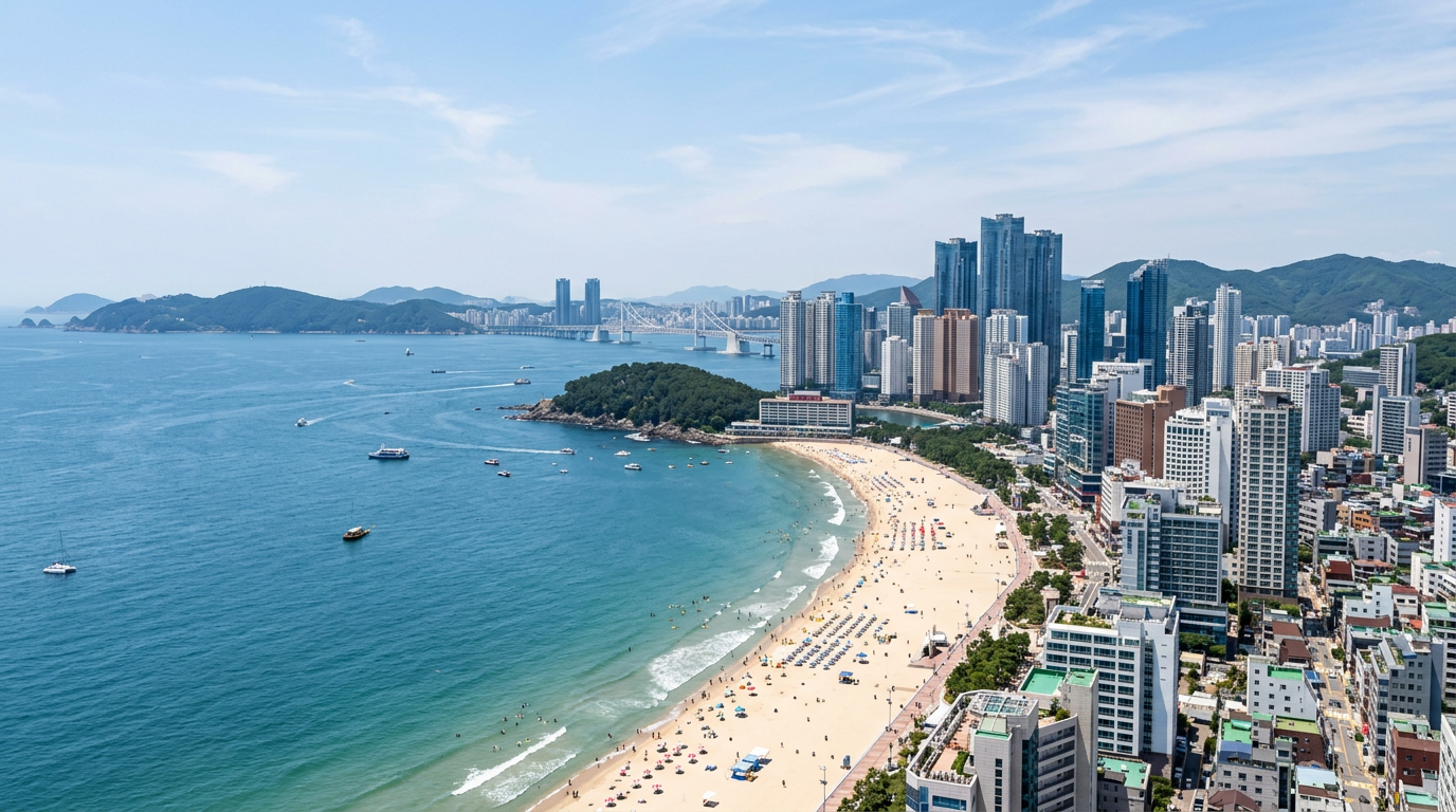 Haeundae Beach and the Centum City skyline in one coastal panorama
