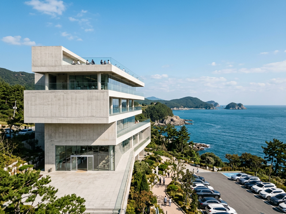 Unbranded concrete bakery café overlooking the ocean