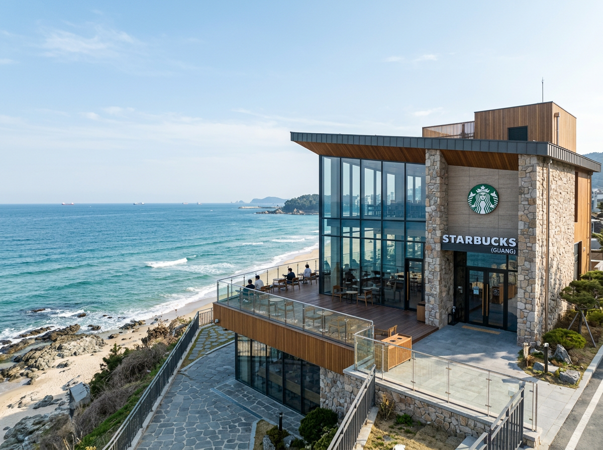 Global café overlooking a beach and the sea